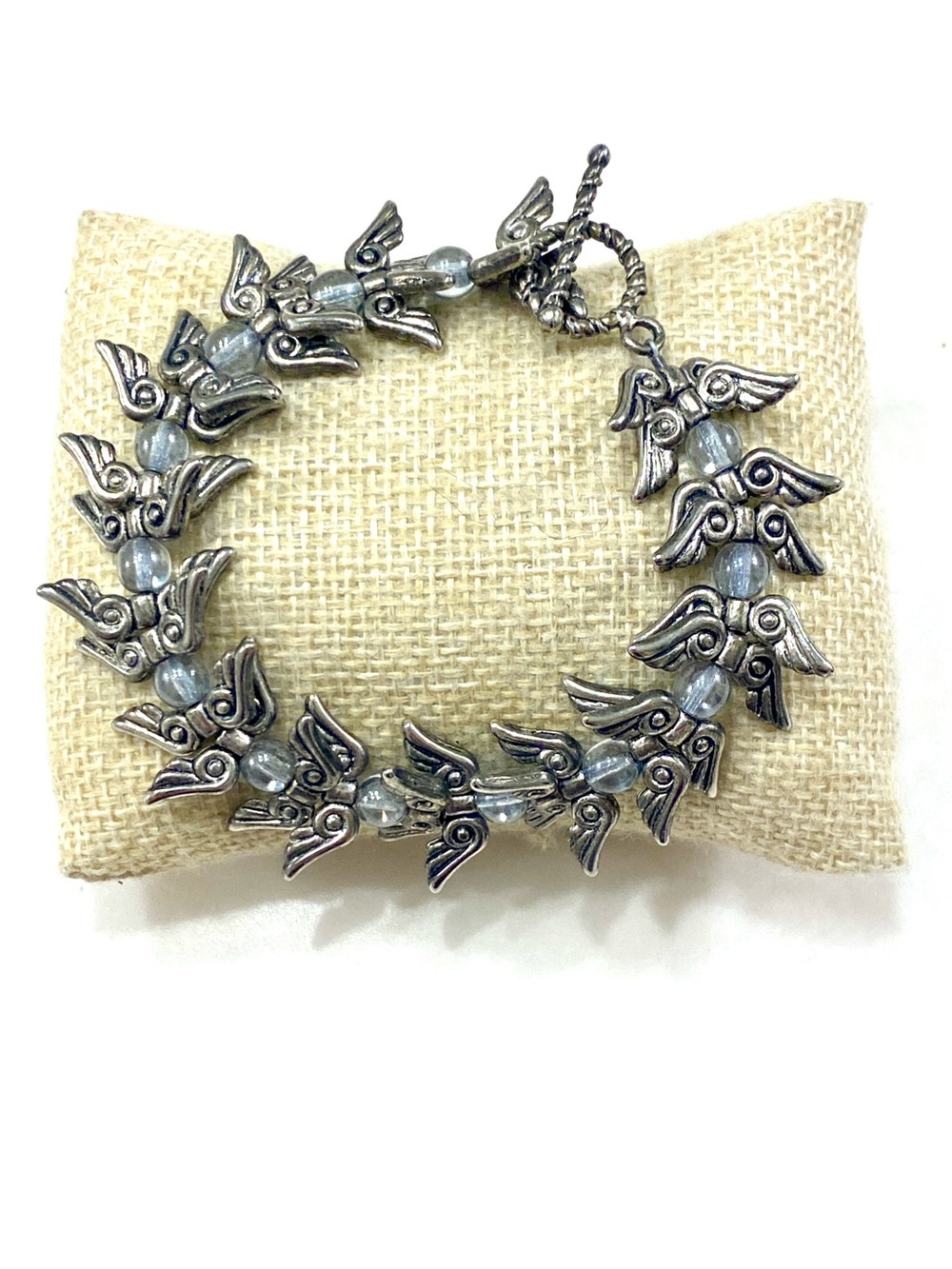 Angel Wing Bead Bracelet in Silver and Light Blue